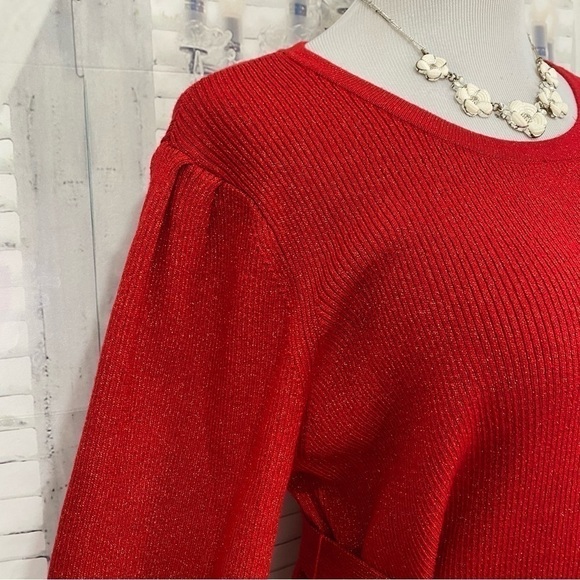 Calvin Klein Red Metallic Tie-Waist Sweater Dress Knit Long Sleeve Pull On NWT - Picture 9 of 16
